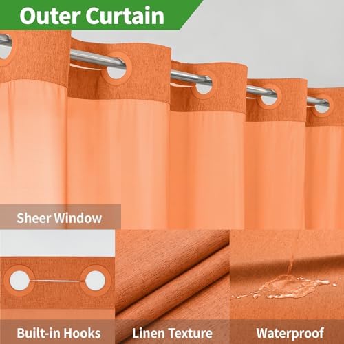 eachope No Hook Fabric Shower Curtain with Snap-in Liner,71x74 Burnt Orange