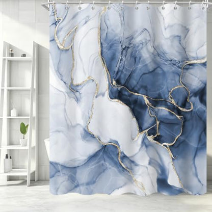 Blue Marble Shower Curtain Modern Abstract Luxury Gold Ink Texture Gray Ombre Watercolor Bathroom Curtain Set with Hooks Soft and Lightweight Waterproof Fabric Machine Washable 72" Wx72 L