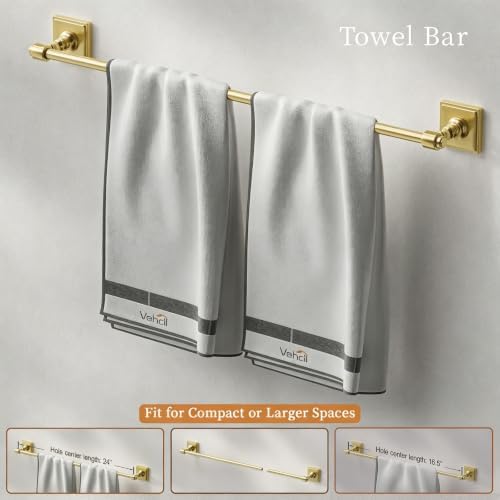 VEHCIL Brushed Gold Bathroom Towel Bar Set, 5 Piece Bathroom Hardware Accessory Set, SUS304 Stainless Steel 24" Towel Rack Holder Set for Bathroom, Wall Mounted