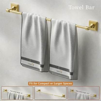 VEHCIL Brushed Gold Bathroom Towel Bar Set, 5 Piece Bathroom Hardware Accessory Set, SUS304 Stainless Steel 24" Towel Rack Holder Set for Bathroom, Wall Mounted