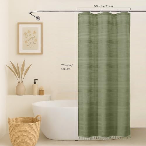OVZME Sage Green Boho Stall Shower Curtain, Narrow Soft Fabric Striped Linen Textured Bathroom Shower Curtain with Tassel, Modern Farmhouse Machine Washable Bath Decor, 36Wx72L Inches