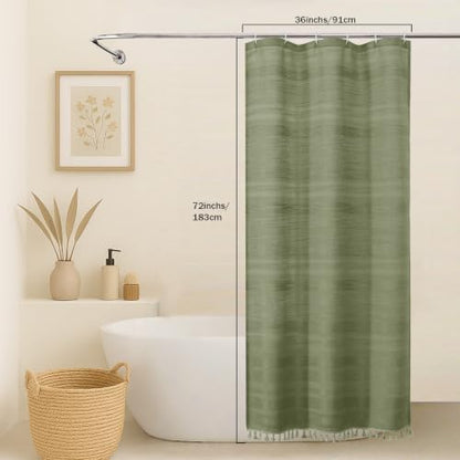 OVZME Sage Green Boho Stall Shower Curtain, Narrow Soft Fabric Striped Linen Textured Bathroom Shower Curtain with Tassel, Modern Farmhouse Machine Washable Bath Decor, 36Wx72L Inches