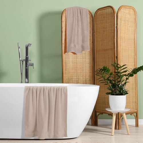 Belizzi Home Cotton 2 Pack Oversized Bath Towel Set 28x55 inches, Large Bath Towels, Ultra Absorbant Compact Quickdry & Lightweight Towel, Ideal for Gym Travel Camp Pool - Tan