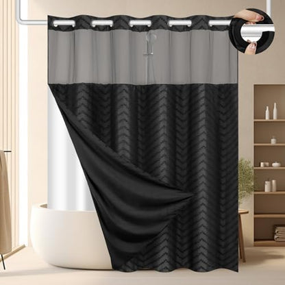 FADOTY Black No Hook Shower Curtain Set with Snap in Liner, 71'' x 74''