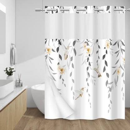 WITHLOC No Hook Floral Shower Curtain with Liner, Grey, 71x74