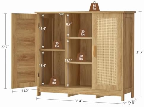 Iwell Rattan Storage Cabinet with 4 Adjustable Shelves, Coffee Bar Cabinet, Sideboard Buffet for Kitchen, Living Room, Entryway, Natural