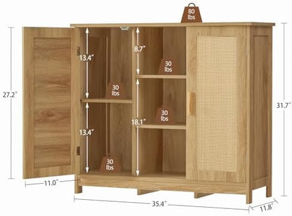 Iwell Rattan Storage Cabinet with 4 Adjustable Shelves, Coffee Bar Cabinet, Sideboard Buffet for Kitchen, Living Room, Entryway, Natural