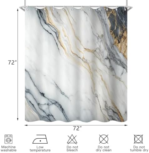White Marble Shower Curtain Modern Abstract Luxury Gold Ink Texture Gray Ombre Watercolor Bathroom Curtain Set with Hooks Soft and Lightweight Waterproof Fabric Machine Washable 48" Wx72 L
