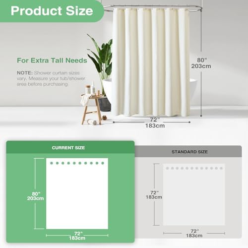 Dynamene Long Waffle Shower Curtain 256 GSM Heavy Fabric 72x80 Cream/Ivory