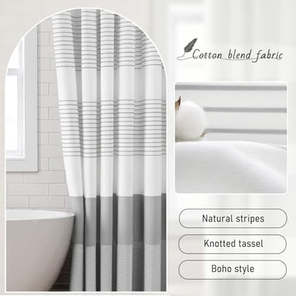 Grey Farmhouse Cotton Striped Shower Curtain with Tassel 72"W X 84"L