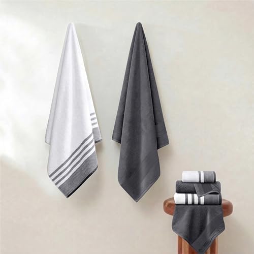 Modern Threads 6 Piece Bath Towel Set – Bathroom Towel Set with 2 Bath Towels, 2 Hand Towels & 2 Washcloths – 100% Cotton, Soft & Absorbent – Classic Border Stripe (Gray)