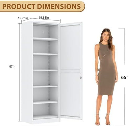 Tall Metal Narrow Bathroom Storage Locker Cabinet 67" H, Black Kitchen Pantry Cabinets,File Cabinet Organizer with 5 Adjustable Shelves and Lockable Doors for Kitchen Home Office Living Dining Room
