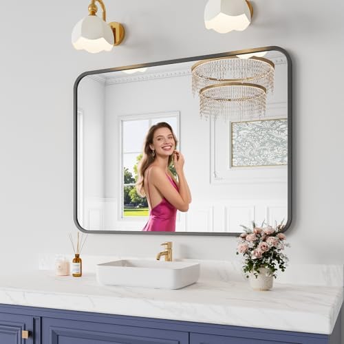 Koonmi Bathroom Mirror, 30X40 Inch Black Metal Framed Mirror for Bathroom, Tempered Glass, Anti-Rust, Rounded Rectangle Mirror for Restroom, Bedroom, Black