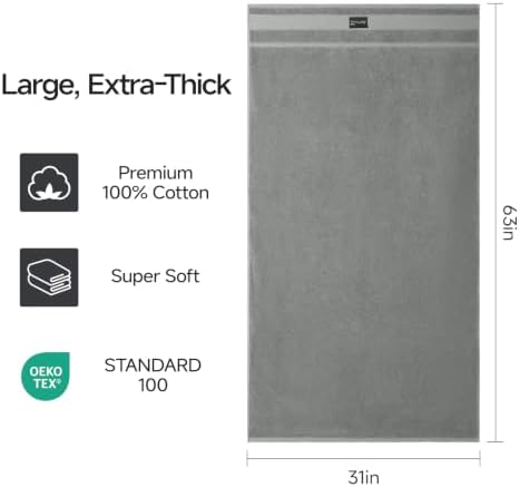 REDKISS Large Bath Towels Set 2 Piece, 100% Cotton, 31x63 in,Heavyweight 760GSM, Highly Absorbent & Quick Dry, Super Soft Luxury Bath Towel for Bathroom,Hotel Collection - Gray