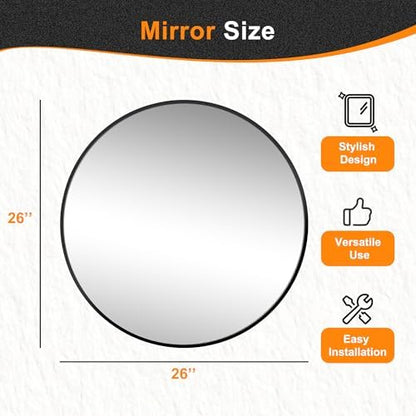 Delma 26 Inch Black Round Circle Mirror for Bathroom Wall, Metal Frame