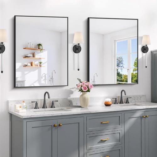 COFENY Black Bathroom Mirror for Wall, 24x32 Inch Rectangle Mirror with Metal Frame, Modern Vanity Mirrors for Bathroom Living Room, Entryway Hangs Horizontal or Vertical