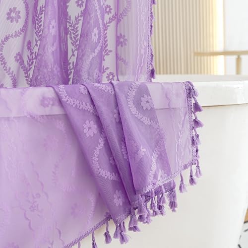 WAZZIO Purple Lace Shower Curtain for Bathroom 72" W x 72" L, Victorian Farmhouse Floral Pattern Tassel Fancy Shower Curtain Boho Washable Cloth Decorative Bath Curtains,1 Panel