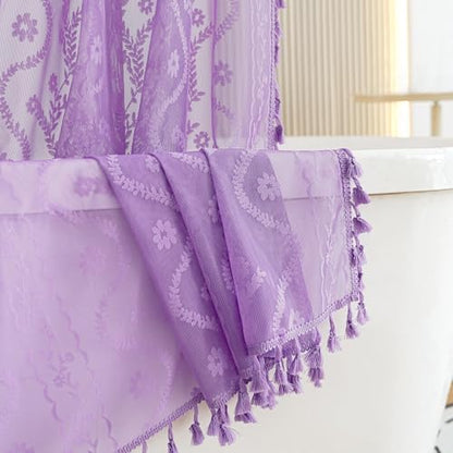 WAZZIO Purple Lace Shower Curtain for Bathroom 72" W x 84" L, Victorian Farmhouse Floral Pattern Tassel Fancy Shower Curtain Boho Washable Cloth Decorative Bath Curtains,1 Panel