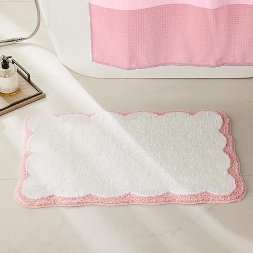 Luxury Microfiber Bathroom Rugs, White Bath Rug with Pink Scalloped Piping Cute Aesthetic Bath Mat for Bathroom, Tub, Floor Carpet, Sink, Shower, Anti Slip, Extra Soft, Absorbent, 26x16