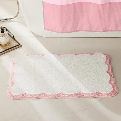 Luxury Microfiber Bathroom Rugs, White Bath Rug with Pink Scalloped Piping Cute Aesthetic Bath Mat for Bathroom, Tub, Floor Carpet, Sink, Shower, Anti Slip, Extra Soft, Absorbent, 26x16