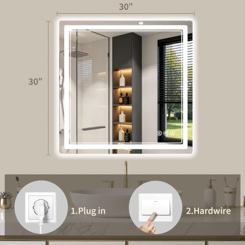30"x30" LED Bathroom Mirror with Lights, Backlit + Front Lit, Anti-Fog, Lighted Bathroom Mirror for Wall, HD Shatterproof Tempered Glass, Dimmable, Memory Function (Horizontal/Vertical)