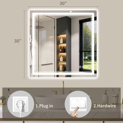 30"x30" LED Bathroom Mirror with Lights, Backlit + Front Lit, Anti-Fog, Lighted Bathroom Mirror for Wall, HD Shatterproof Tempered Glass, Dimmable, Memory Function (Horizontal/Vertical)