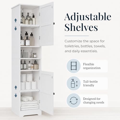 Viaozutis Tall Bathroom Storage Cabinet, Slim Freestanding Cabinet with Adjustable Shelves, Vertical Storage Organizer for Small Bathrooms, Toilet Paper & Daily Essentials Storage（White）