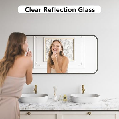 Koonmi Bathroom Mirror, 24X48 Brushed Black Metal Framed Wall-Mounted Mirror for Over Sink, HD Tempered Glass, Anti-Rust, Rounded Rectangle Mirror for Restroom, Bedroom, Hangs Horizontal or Vertical