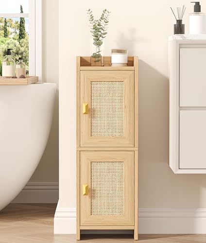 Akxomel Rattan Small Bathroom Cabinet Narrow Toilet Paper Organizer Oak