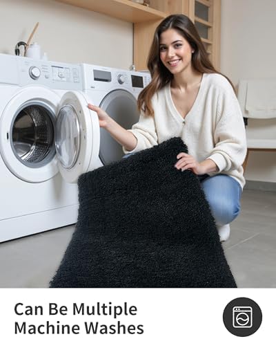 ILANGO Black Bathroom Rugs 24" × 17" Small Non Slip & Super Absorbent Extra Thick Soft, Washable Bath Mat for Floor, Microfiber Plush Shaggy Bath Rug with Rubber for Bathtub Shower Room Sink
