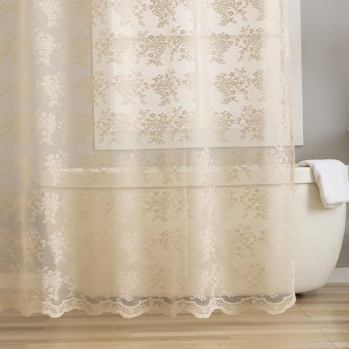 TUDECO Extra Long Beige Lace Shower Curtain with Valance, 72 x84 Inch