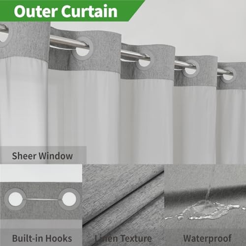 eachope No Hook Linen Texture Shower Curtain with Snap-in Liner,71x74 Gray