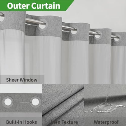 eachope No Hook Linen Texture Shower Curtain with Snap-in Liner,71x74 Gray