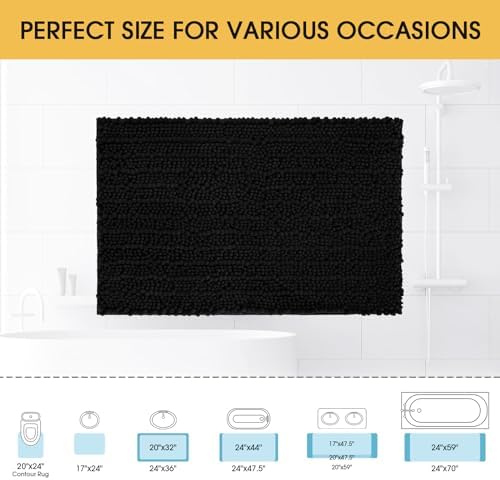 ACCUMTEK Upgrade Luxury Black Bathroom Rug Mat 48"x17", Ultra Soft Thick Absorbent Bath Mats, Non Slip Chenille Toilet Mat for Bathroom, Bedroom, Kitchen, Shower, Tub