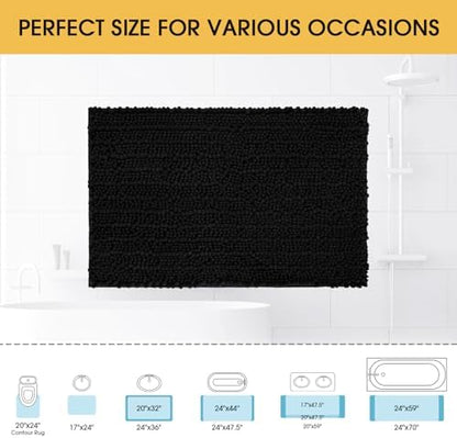 ACCUMTEK Upgrade Luxury Black Bathroom Rug Mat 32"x20", Ultra Soft Thick Absorbent Bath Mats, Non Slip Chenille Toilet Mat for Bathroom, Bedroom, Kitchen, Shower, Tub