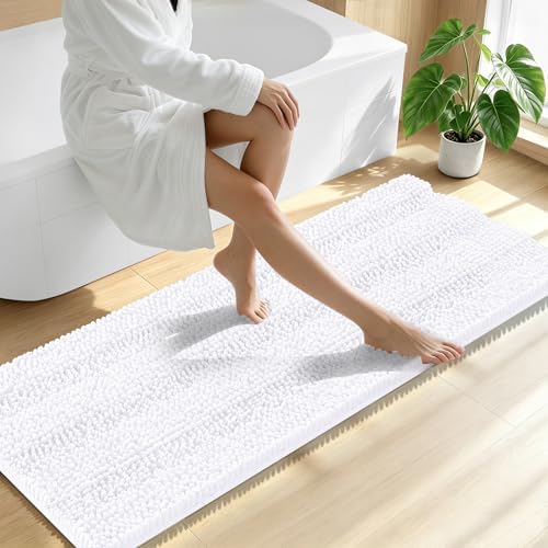 Smiry Thick Chenille Bathroom Runner Rugs 47x20, Absorbent Bath Mat, White