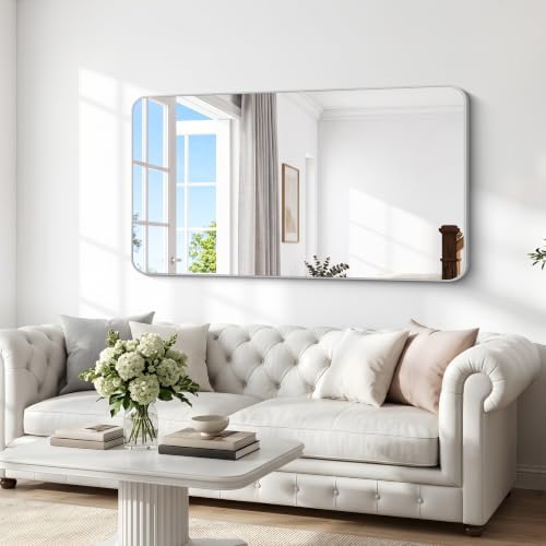 BONEWEI Silver Bathroom Mirror,66x36 inch Wall Mirror for Bathroom Wall Mounted,Rectangle Mirror for Bathroom Over Sink,Modern Frame Round Corner for Living Room,Bedroom Entryway,Horizontal/Vertical