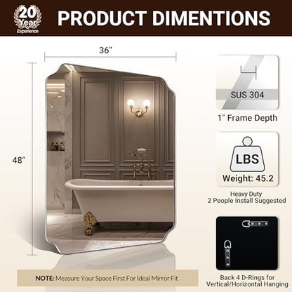 ANDY STAR 36x48 Inch Chrome Mirror, Large Polished Nickel Rectangle Mirror, Scalloped Bathroom Mirror in Anti-Rust Stainless Steel Frame Deep 1’’, Rounded Notched Corner, Vertically/Horizontally