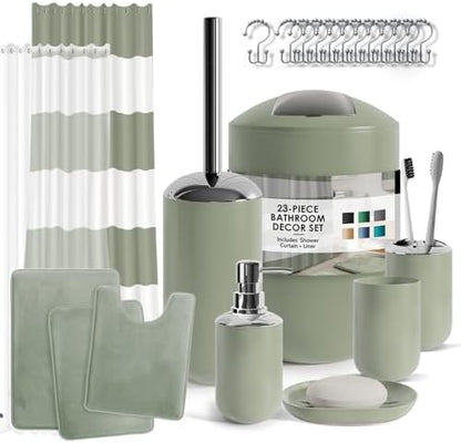 Clara Clark Bathroom Set - Sage Green Bathroom Accessories Set, Bathroom Sets with Shower Curtain and Rugs, 23PC Shower Curtain Set with Liner, Soap Dispenser, Soap Dish, and Toilet Brush Holder