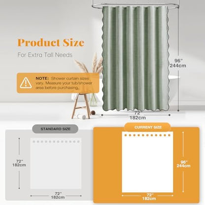 BTTN Extra Long Scalloped Linen Textured Shower Curtain, 72x96, Sage Green