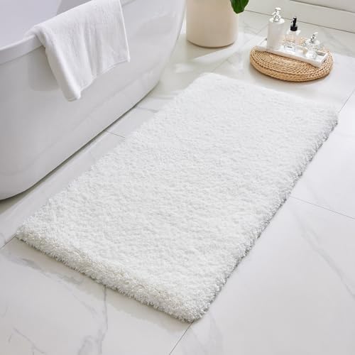 ILANGO White Bathroom Rugs 48" × 24" Non Slip & Super Absorbent Extra Thick Soft, Washable Bath Mat for Floor, Microfiber Plush Shaggy Bath Rug with Rubber for Bathtub Shower Room Sink