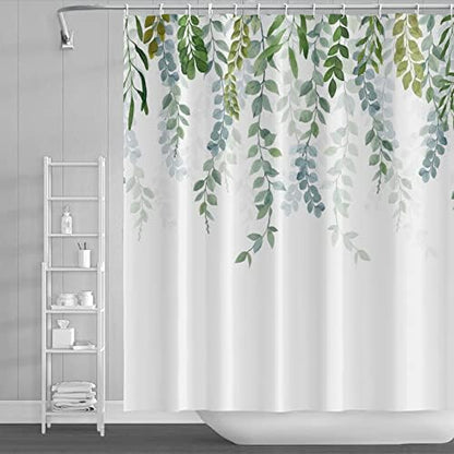 AWERT Plant Shower Curtain for Bathroom Sage Green Eucalyptus Waterproof Quick-Drying Green Leaves Shower Curtain Set with Hooks 60x72 Inch