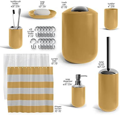 Clara Clark Bathroom Set - Gold Bathroom Accessories Set, 20PC Bathroom Accessory Set, Shower Curtain Set with Liner, Toothbrush Holder, Soap Dispenser, Soap Dish, Toilet Brush Holder, and Trash Can