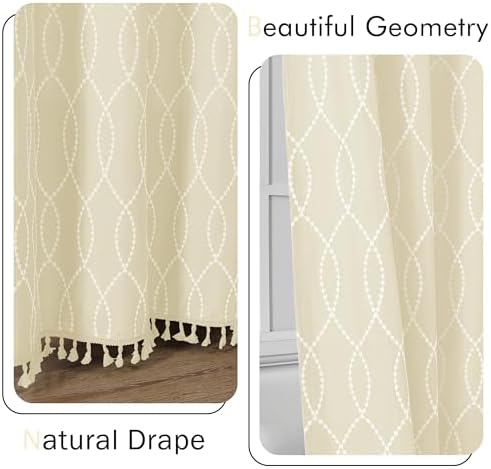 OVZME Light Beige Shower Curtain for Bathroom, Puff Printed Textured Shower Curtain with Tassels, Rustic Geometry Heavy Duty Vintage Country Bathroom Curtain, Water Resistant Fabric, 72Wx72L Inches