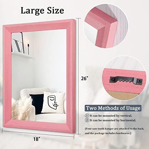 AAZZKANG Rectangle Mirror with Wood Frame Modern Farmhouse Wall Mirrors Decor Large 26"x18" for Bedroom Bathroom Living Room Pink