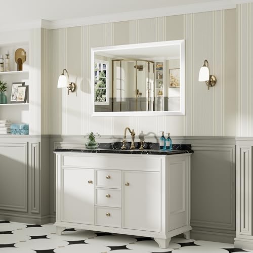 Briivue Bathroom Wall Mirror, White Metal Frame, 48x32 Inch