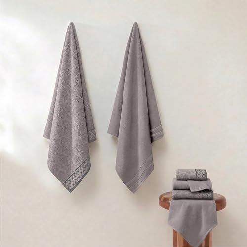 Modern Threads 6 Piece Bath Towel Set – Bathroom Towel Set with 2 Bath Towels, 2 Hand Towels & 2 Washcloths – 100% Cotton, Soft & Absorbent – Diamond Border (Silver Cloud)