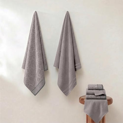 Modern Threads 6 Piece Bath Towel Set – Bathroom Towel Set with 2 Bath Towels, 2 Hand Towels & 2 Washcloths – 100% Cotton, Soft & Absorbent – Diamond Border (Silver Cloud)