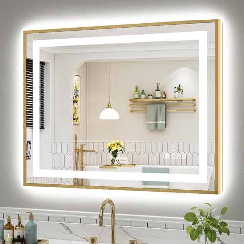 40x32 Inch LED Bathroom Mirror with Gold Frame, Backlit & Front Lit