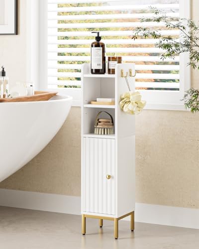 Bathroom Storage Cabinet, Small Corner Floor Hutch with Door and Shelves, Narrow Toilet Paper Cabinet, Bathroom Organizer with 2-Tier Adjustable Shelf for Small Spaces,White